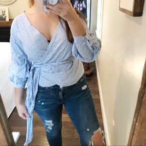 Zara Woman small oversized seersucker blue top